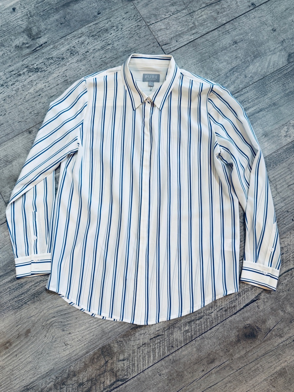 Pure Collection Coastal Grandma 100% Silk Blue Striped Button Down Shirt Sz 4